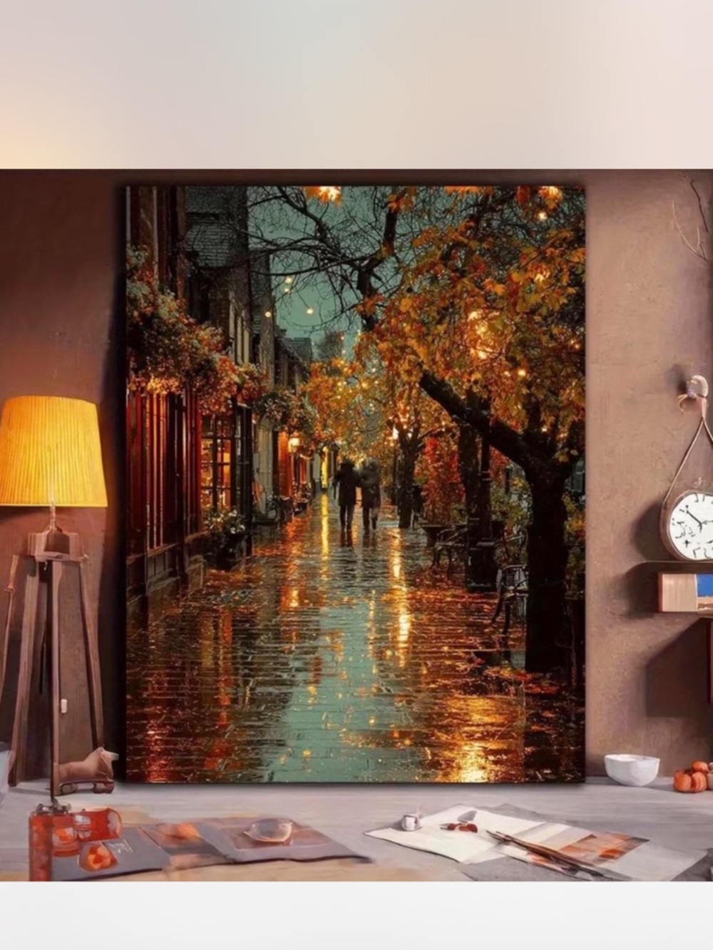 Autumn Evening Street Wall Art - Orange, Gold, Brown. 20x30 approx size